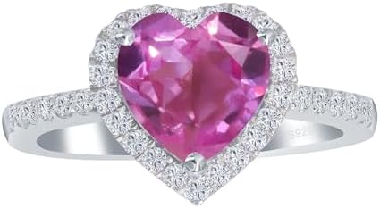 Heart Shape Created Pink Sapphire Halo Promise Rings for Women 925 Sterling Silver Imitation Gemstone Wedding for Women Birthday Gift for Wife