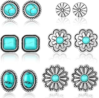6 Pairs Turquoise Stud Earrings Small Geometric Oval Round Flower Earrings Gemstone Cut Shape Square Studs Turquoise Jewelry