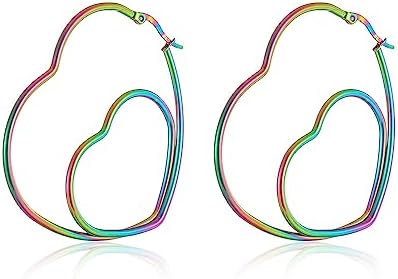 Rainbow Big Heart Hoop Earrings for Women Girls Multi Colors Large Huggie Hoops Earrings Double Love Heart Statement Earrings Hypoallergenic Ear Jewelry
