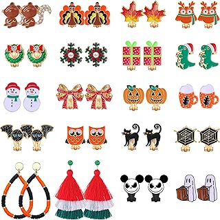 Clip-On Holiday Earrings Set of 20 - Zinc Alloy Non-Pierced Designs for Women and Teens - Christmas, Halloween, and Thanksgiving Themes