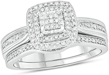 1/5cttw Diamond Wedding Ring Set for Women in 925 Sterling Silver, Square Double Halo White & Black Diamond Cluster options Engagement Ring with Matching Half Eternity Diamond Wedding Band.