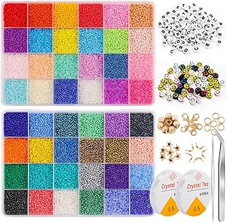 35000Pcs Glass Seed Beads, 2mm 48 Colors 12/0 Beads for Jewelry Making Kit, Small Glass Bead Craft Set 200Pcs Alphabet Beads and 60Pcs Smiley Beads for Bracelets Earrings Ring Necklaces Making