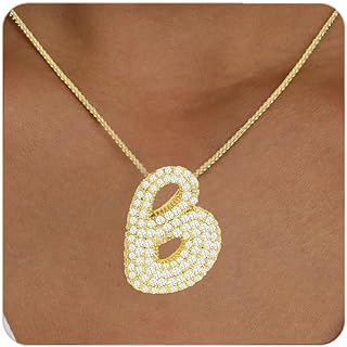 Bubble Letter Necklace Gold, Balloon Initial Necklace for Women Chunky Letter Pendent Necklace for Women Girls Trendy Zircon Alphabet Necklace Birthday Gift for Her