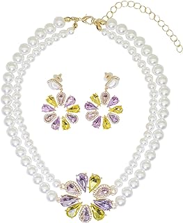 Lobster Clasp, 1920s' Vintage Style Rhinestone and Faux Pearl Necklace and Earring Set for Brides - Classic Flower Design in Rose Gold