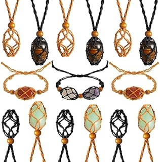 8 Pcs Adjustable Crystal Necklace Holder and Bracelet Set 4 Crystal Cage Necklaces Holder 4 Empty Crystal Bracelet Holder Quartz Stone Cage Cords for DIY Jewelry Making Gift Supplies, Black and Brown