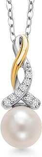 Gem Stone King 925 Sterling Silver and 10K Yellow Gold 7-7.5MM Cultured Freshwater Pearl and White Lab Grown Diamond Pendant Necklace For Women with 18 Inch Chain