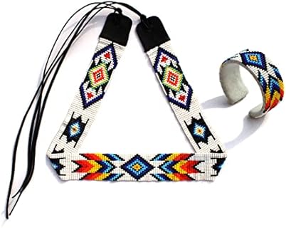 Beaded Hatband With Cuff Bracelet Native American Style Southwestern Cowboy Rode Handmade Head/Hat Band Collection (White)