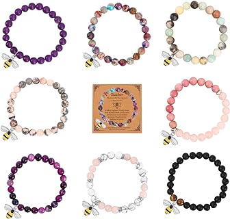 Cubic Zirconia Studded Bee Beaded Bracelet with Lobster Claw Clasp for Teachers - Natural Stone Stretch Jewelry Gift with Cord/Bead Chain Design