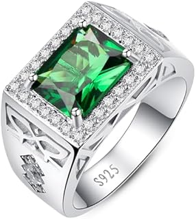 Sterling Silver Men's Wedding Ring with Emerald and Cubic Zirconia Accents, Size 6-12, Vintage Style