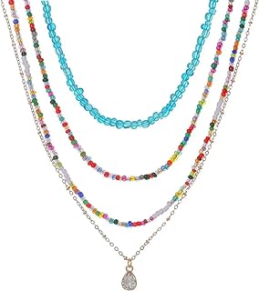 Women's Boho Beach Layered Beaded Chocker with Ball Chain - Ace-Quality Metal, Multi-Colored Bead Design - Perfect for Summer Outfits and Parties, Ideal Gift Option - Rainbow Beads & Crystal Pendant Necklace