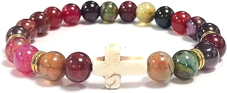 Religion Cross Natural Stone Beads Stretch Bracelets for Women Men 8MM Malachite Turquoise Agate Cross Elastic Prayer Bracelet Friendship Valentine’s Day Birthday Jewelry - Blue