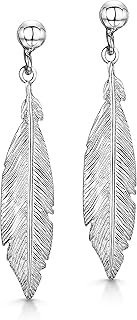 Amberta Boucles d'Oreilles Pendantes en Argent Sterling 925/1000 avec Design de Plume pour Femmes, Hypoallergéniques et Légères, Longueur 8mm. Idéales pour les Occasions Spéciales