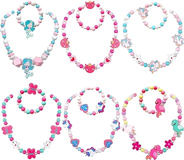 6 Sets Little Girl Party Favor Princess Necklace Unicorn Flamingo Wooden Beaded Necklace & Bracelet Set