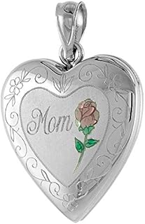 Spring Ring Clasp Sterling Silver Heart Locket Necklace with Boston Link Chain for Women - Engraved 'Mom' with Red Rose Design