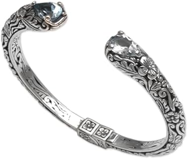 NOVICA Artisan Handmade Blue Topaz Cuff Bracelet Floral Silver from Bali Sterling Indonesia Birthstone [6 in L (end to End) x 0.4 in W] ' Transcendent Forest'