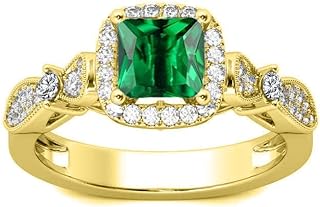 Mother's Day & Engagement Yellow Gold Ring with 1CT Princess-Cut Emerald Accent - 10K/14K/18K Solid Gold Setting - Size 7