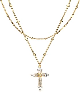 Layered Gold Cross Necklace for Women 18K Gold Plated Faith Necklace Cubic Zirconia Cross Pendant Dainty Rope Cross Chain Necklace Prayer Religious Jewelry Gift for Women Girls