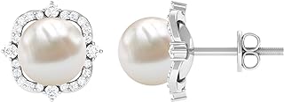Handpicked Freshwater Pearl and Diamond Stud Earrings in Halo | 6.5 Cttw 7 MM Certified Genuine Pearl AAA Quality Earrings