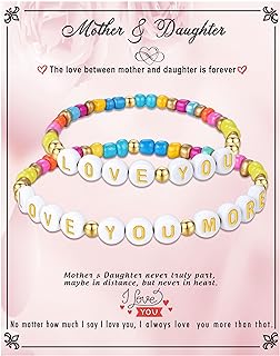 First Day of School Gifts Matching Bracelets for Women Girls Mother and Daughter Beaded Bracelet Multicolor Bead Stretch Back to School Gift I Love You Engraved Christmas Birthday Jewelry