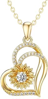 14K Yellow Gold Sunflower Necklace with Double Heart and Moissanite Pendant - Cable Chain with Cubic Zirconia - Perfect Gift for Women, Daughters, Wives - No Clasp Design