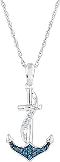 Women's & Ladies 925 Sterling Silver Anchor Pendant Necklace Filled W/Diamonds & Blue Diamonds (Irradiated Diamonds), 1/15 ctw (Carat Total Weight) Diamond Pendant, 18" (Inch) Sterling Silver Rope