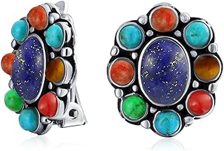 Southwestern Lapis Blue Turquoise Multicolor Cabochon Oval Large Gemstones Western Concho Clip On Earrings For Women Non Pierced Ears .925 Sterling Silver