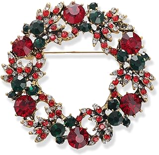 LAXPICOL Christmas Wreath Brooch For Women Girls Flower Merry Christmas Brooch Fashion Green Red Spakly Austrian Crystal Winter Brooch Pin