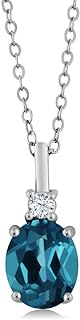 Gem Stone King 925 Sterling Silver London Blue Topaz and White Created Sapphire Pendant Necklace For Women (1.85 Cttw, Gemstone November Birthstone, Oval 9X7MM, with 18 Inch Silver Chain)