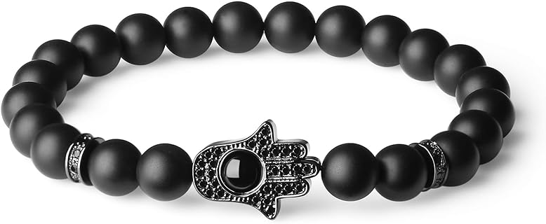 Magnetic Clasp Onyx Bead Bracelet, Elastic String, Hand Protection Design for Men and Women, Hamsa Symbol