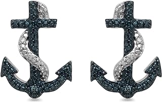 Sterling Silver Push-Back Anchor Stud Earrings with Treated Blue and Natural White Round Diamonds for Women, Classic Design