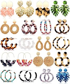 20 Pair Set of Chic Bohemian FIFATA Statement Earrings for Women and Girls with Variety of Back Findings - Rattan and Acrylic Resin Dangle Earrings Understated Stainless Steel