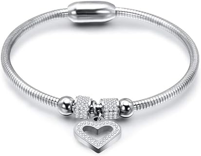 Jude Jewelers Stainless Steel Heart Charm Cubic Zircon Anniversary Valentine Bangle Bracelet