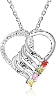 Jeweidea Personalized Heart Necklace with 2-6 Simulated Birthstones Custom Name Mother Daughter Chain Pendant for Women Mom Birthday