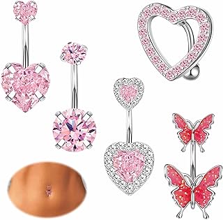 14G Surgical Steel Belly Button Rings Cute Pink Heart Butterfly Cubic Zirconia Belly Piercing Jewelry Navel Rings for Women Body Piercing Jewelry