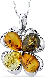 Peora Genuine Baltic Amber Shamrock Pendant Necklace with Box Chain and Spring Ring Clasp, Perfect Gift for Women, Clover Design in Sterling Silver