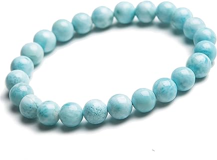 Unisex 7mm Natural Larimar Bead Bracelet with Spring Ring Clasp - Blue Crystal Stone Round Beads Design, Ideal Anniversary or Birthday Gift