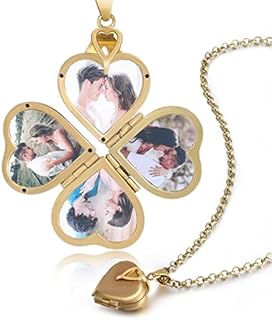 Nobelook Personalized Love Heart Locket Necklace That Holds 4 Photos Customizable Pendant Charms For Women Gold Plated Vintage Necklace for Mother Girls Christmas Birthday Gift Chain Length 31.49" Adjustable