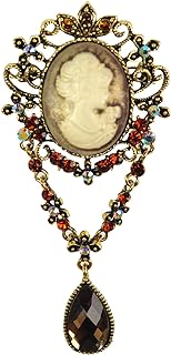 Gyn&Joy Vintage Inspired Crystal Rhinestone Maiden Flower Cameo Brooch Pin Teardrop Pendant