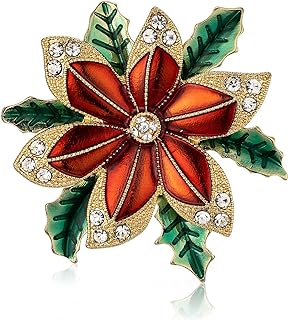 RareLove Vintage Christmas Poinsettia Brooch, Red with Green Leafs Poinsettia Flower Wreath CZ Rhinestone Crystal Christmas Pins and Brooches for Women Girls Silver Plated Alloy,Holiday Jewelry