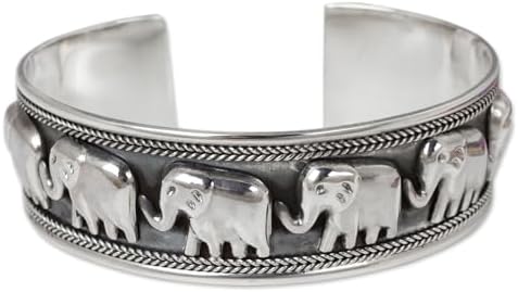 Handmade Elephant Parade .925 Sterling Silver Cuff Bracelet with Box Chain for Jewelry Lovers, Intricate Thailand Art Design