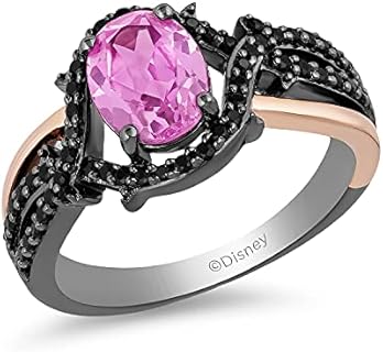 Jewelili Enchanted Disney Fine Jewelry 14K Rose Gold Over Sterling Silver with Black Rhodium Oval Created Pink Sapphire and 1/4 Cttw Treated Black Round Diamond Maleficent Ring