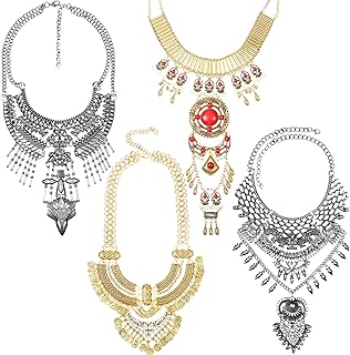 Kigeli 4-Piece Egyptian Inspired Necklace Set with Lobster Clasp, Rhinestone & Faux Turquoise Beads in Vintage-Bohemian Style