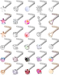 MILACOLATO 30Pcs Hypoallergenic Nose Rings Studs 316L Stainless Steel Nose Piercings Jewelry Straight L Shaped Corkscrew Nose Ring Studs Cubic Zirconia Opal Nose Studs for Women Men 18G 20G