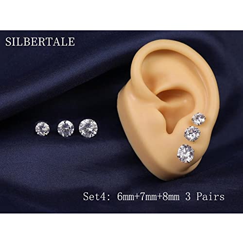 3 Pairs 925 Sterling Silver Cubic Zirconia Stud Earrings Set 3-8mm for Men Women