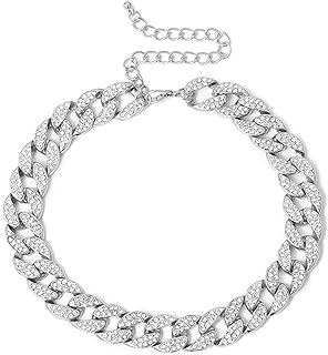 Ingemark Shiny CZ Rhinestone Curb Cuban Link Chain Choker for Women Unisex Cool Hip Hop Miami Cuban Diamond-Cut Chain Choker Necklace