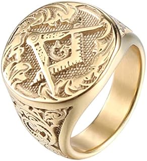 Men's Stainless Steel Gold Plated Freemason Masonic Ring Vintage Master Mason Signet Rings