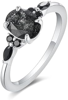 Natural Black Rutilated Quartz Engagement Ring 1.5CT Oval Cut 6x8mm Women's Rings Minimalist style Rings Wedding Rings Platinum Plated 925 Sterling Silver Women's Promise Ring.