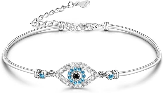 Lobster Claw Clasp, Blue Evil Eye Bangle, Box Chain, Cubic Zirconia Sparkle, Sterling Silver Bracelet for Women, Symbol of Protection and Good Luck
