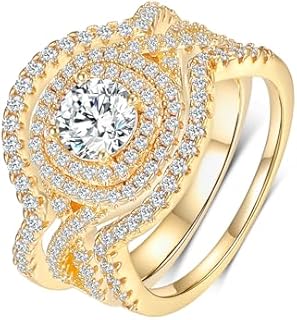 MDFUN Three-in-One Halo Engagement Rings Set for Women 14K Yellow Gold Plated Artificial Diamond Cubic Zirconia Wedding Promise Stackable Eternity Band Size 5-10