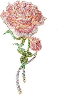 Kokoma Rhinestone Rose Flower Brooch Pin for Women Girls Pink Crystal CZ Exaggerated Big Floral Laple Pins Corsage Dress Accessories Jewelry Gifts for Mothers Day